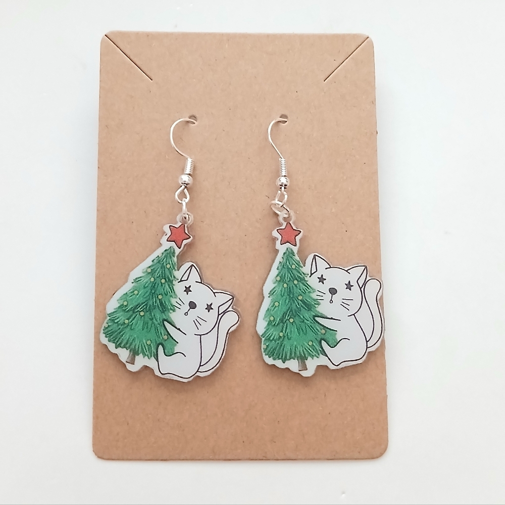 Fashion Jewelry Cat and Tree Earrings - Green and Red